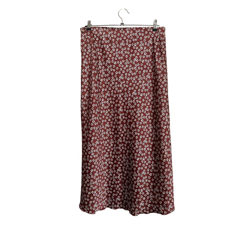 Abercrombie & Fitch Brown Floral Satin Midi Slip Skirt Pull On Forest Fairy L - Picture 3 of 4
